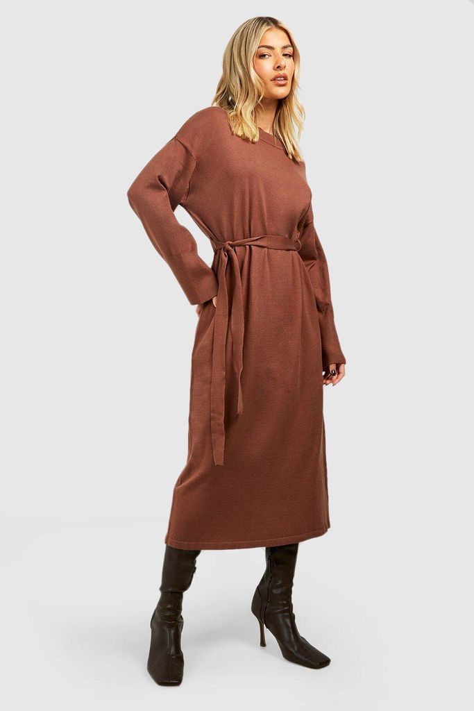 Womens Fine Gauge Belted Knitted Midaxi Dress - Brown - S, Brown