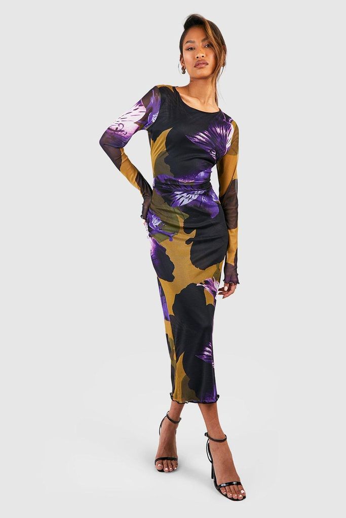 Womens Floral Printed Mesh Long Sleeve Midaxi Dress - Purple - 8, Purple