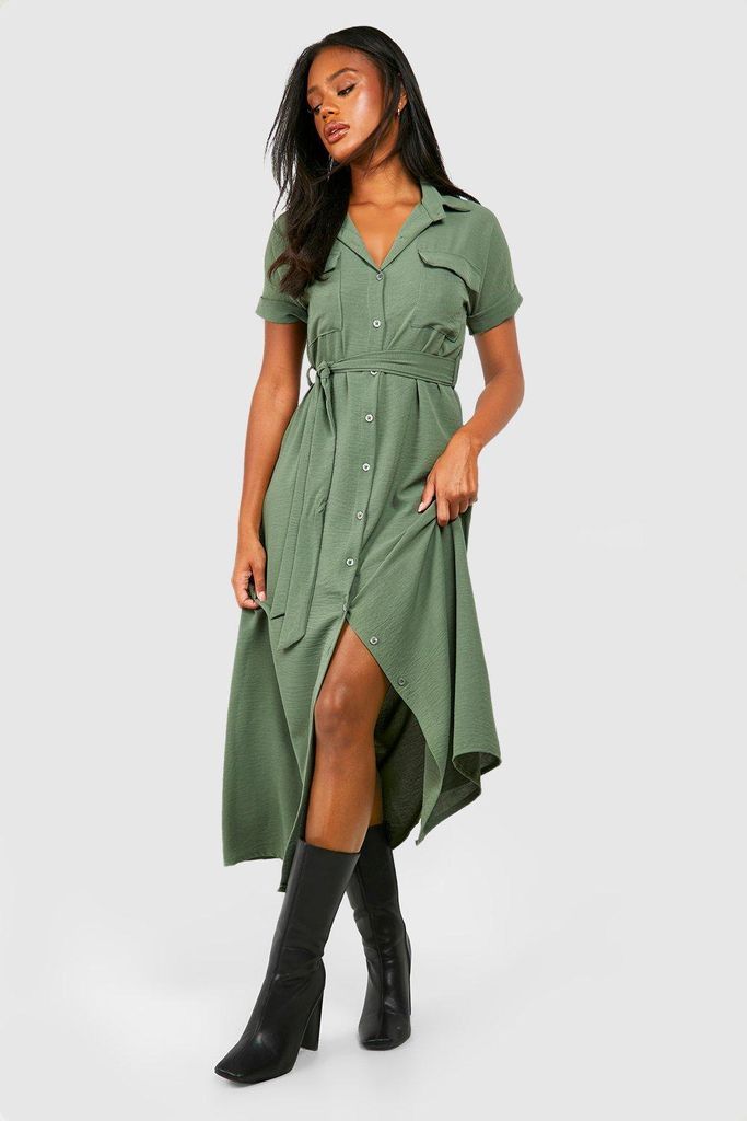 Womens Hammered Pocket Detail Utility Midaxi Shirt Dress - Green - 6, Green
