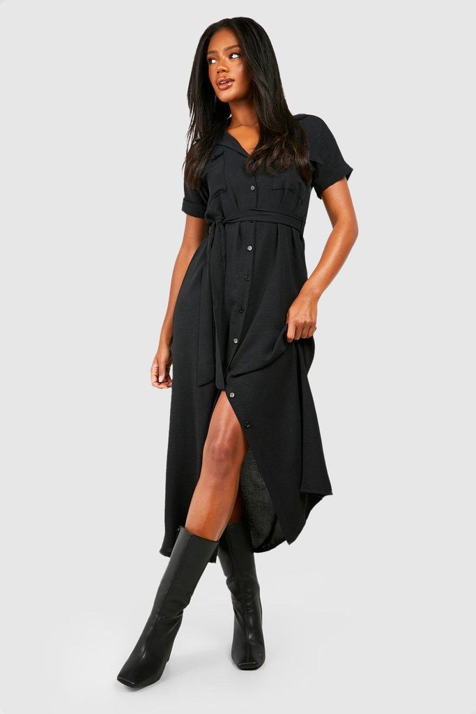 Womens Hammered Pocket Detail Utility Midaxi Shirt Dress - Black - 6, Black