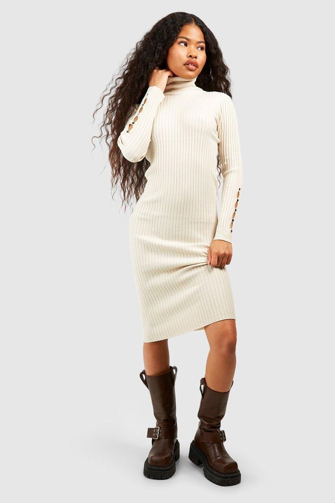 Womens Petite Knitted Roll Neck Midi Dress - Beige - S/M, Beige