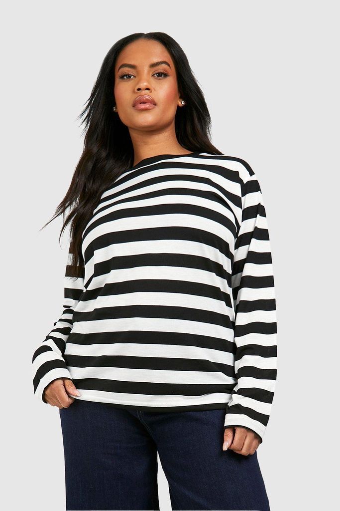 Womens Plus Stripe Crew Neck Long Sleeve T-Shirt - Black - 16, Black