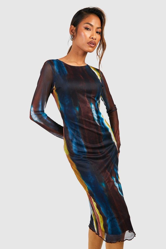 Womens Printed Mesh Long Sleeve Bodycon Dress - Blue - 8, Blue