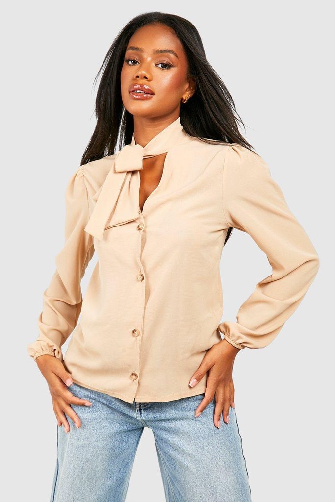 Womens Pussybow Button Through Volume Sleeve Blouse - Beige - 6, Beige