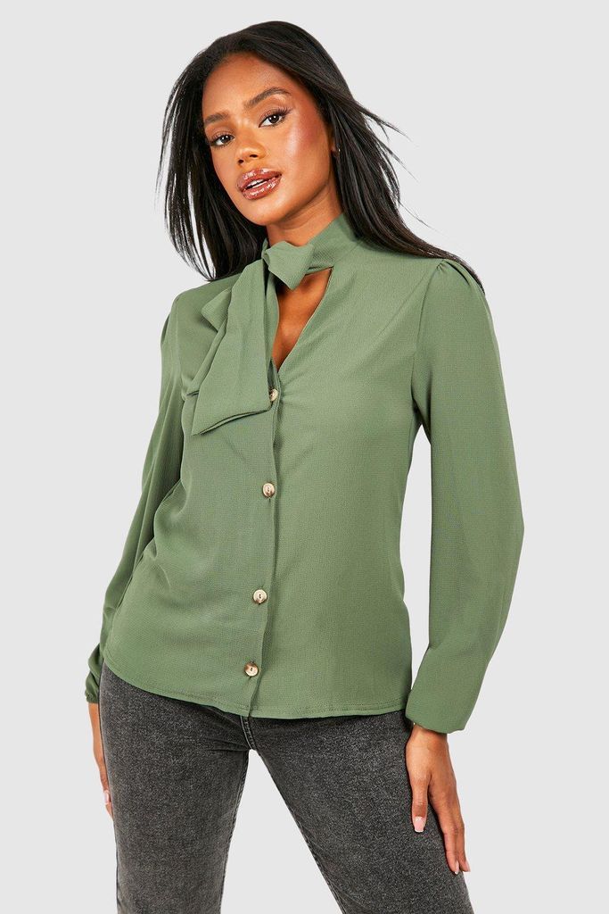 Womens Pussybow Button Through Volume Sleeve Blouse - Green - 6, Green