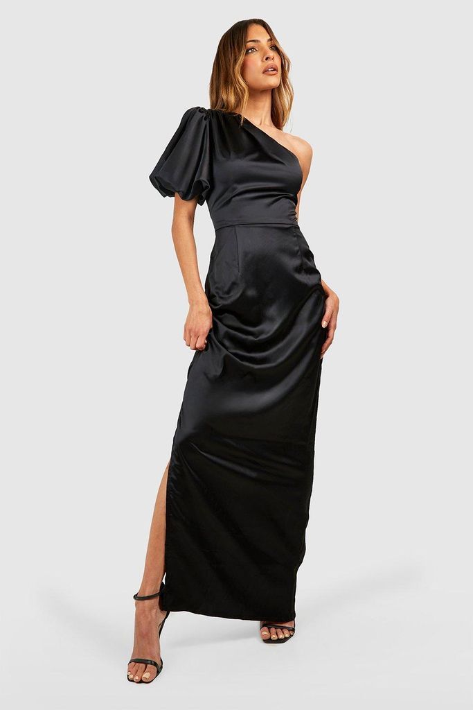 Womens Satin Puff Sleeve Column Maxi Dress - Black - 8, Black