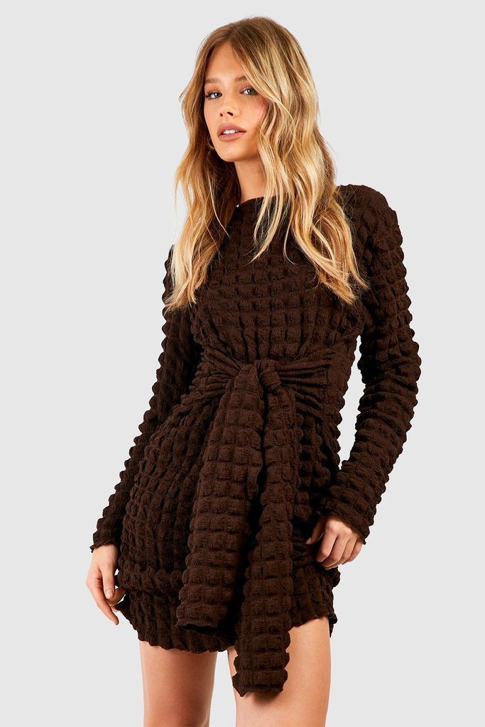 Womens Tie Front Bubble Long Sleeve Mini Dress - Brown - 8, Brown