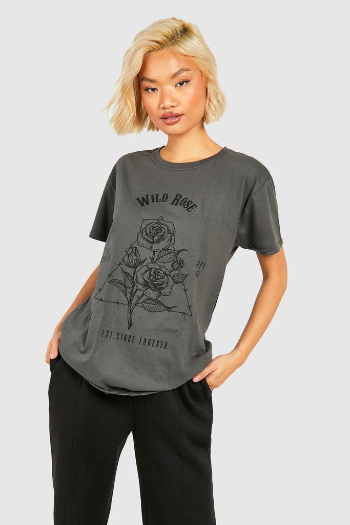 Womens Wild Rose Boyfriend T-Shirt - Grey - S, Grey