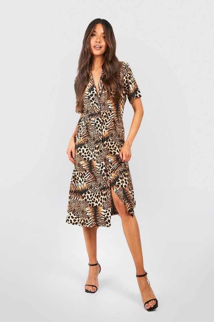 Womens Tiger And Leopard Mix Shirt Style Midi Dress - Multi - 8, Multi