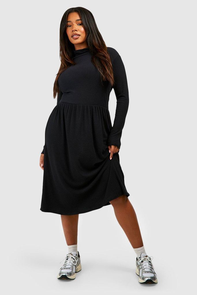 Womens Plus Roll Neck Long Sleeve Soft Rib Midi Smock Dress - Black - 28, Black
