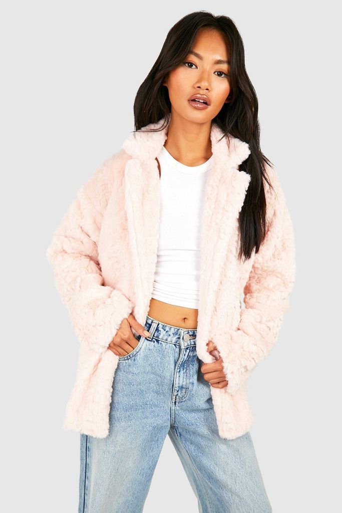 Womens Textured Faux Fur Longline Coat - Pink - 8, Pink