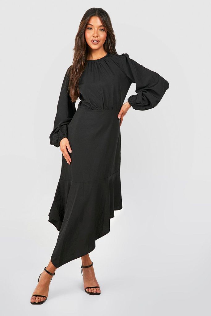 Womens Long Sleeve Frill Hem Asymmetric Midi Dress - Black - 14, Black