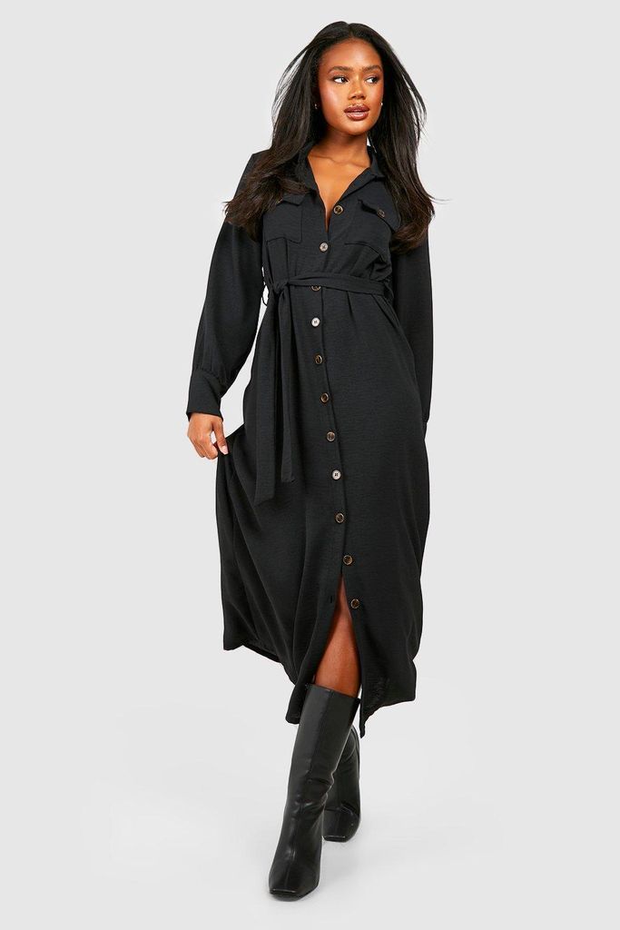 Womens Hammered Mock Horn Pocket Detail Midaxi Dress - Black - 6, Black