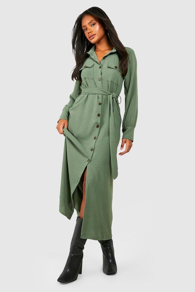 Womens Hammered Mock Horn Pocket Detail Midaxi Dress - Green - 6, Green