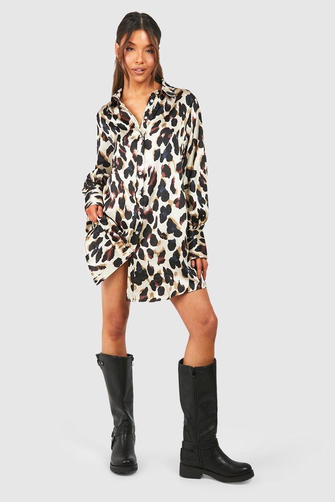 Womens Leopard Print Oversized Shirt Dress - Brown - 8, Brown