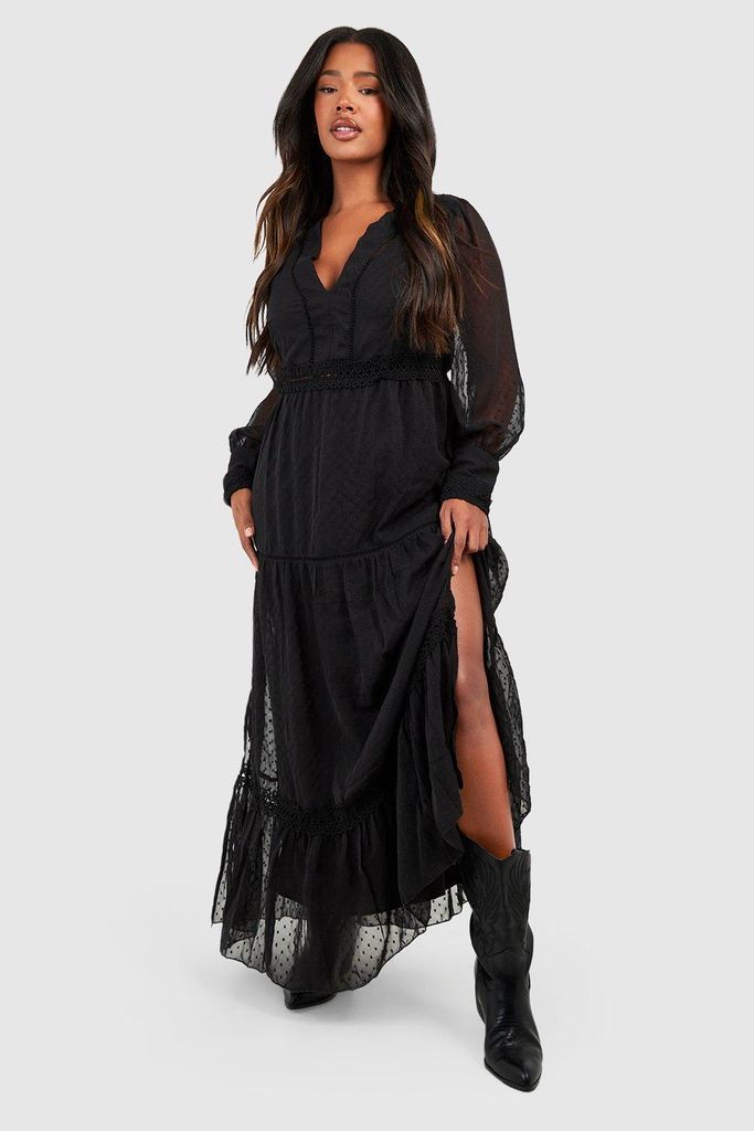 Womens Plus Dobby Trim Detail Maxi Dress - Black - 16, Black