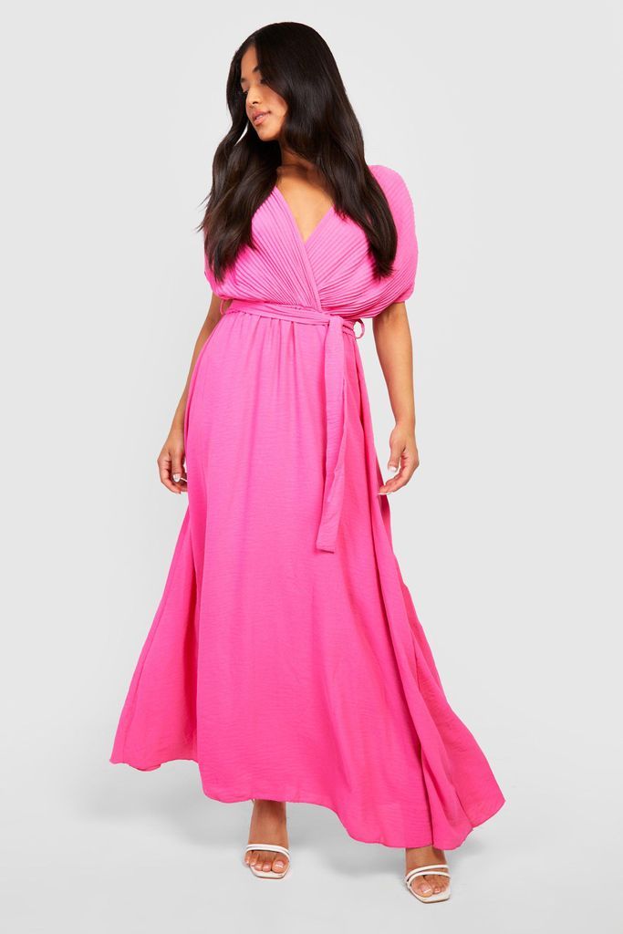 Womens Petite Plisse Wrap Belted Maxi Dress - Pink - 4, Pink