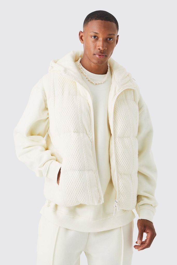 Men's Heavyweight Cable Knitted Gilet With Hood - Cream - S, Cream