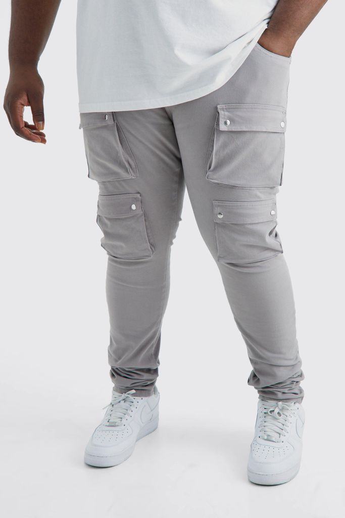 Men's Plus Fixed Waist Skinny Multi Cargo Pocket Trouser - Grey - 38, Grey