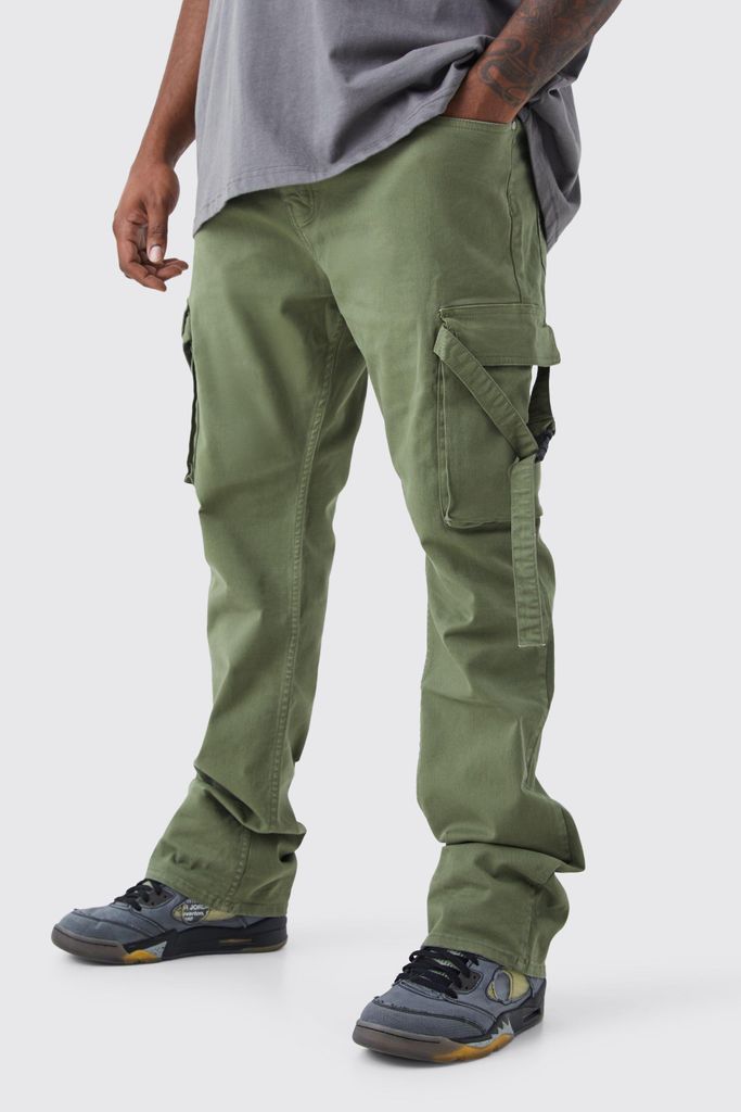 Men's Plus Fixed Waist Slim Stacked Flare Strap Cargo Trouser - Green - 38, Green