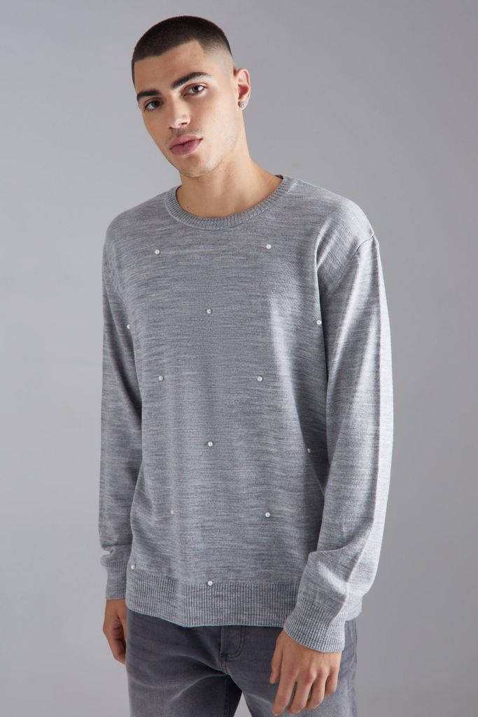 Men's Relaxed All Over Pearl Embellished Knit Jumper - Grey - S, Grey