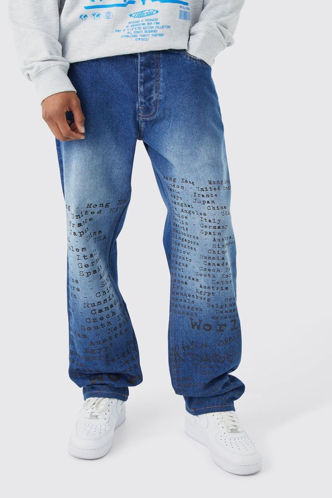 Men's Relaxed Rigid All Over Text Laser Print Jeans - Blue - 28R, Blue