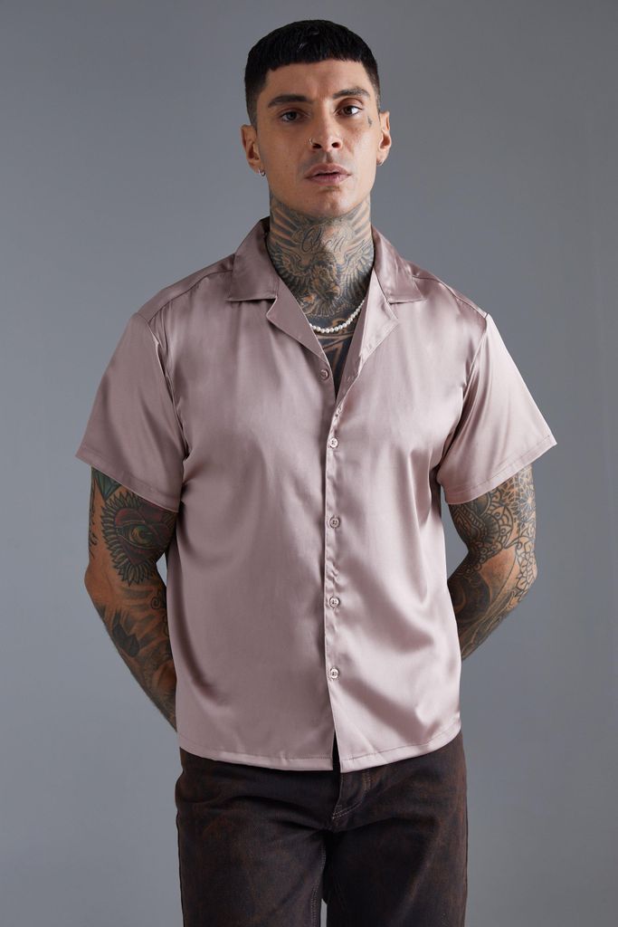 Men's Short Sleeve Boxy Satin Shirt - Beige - S, Beige