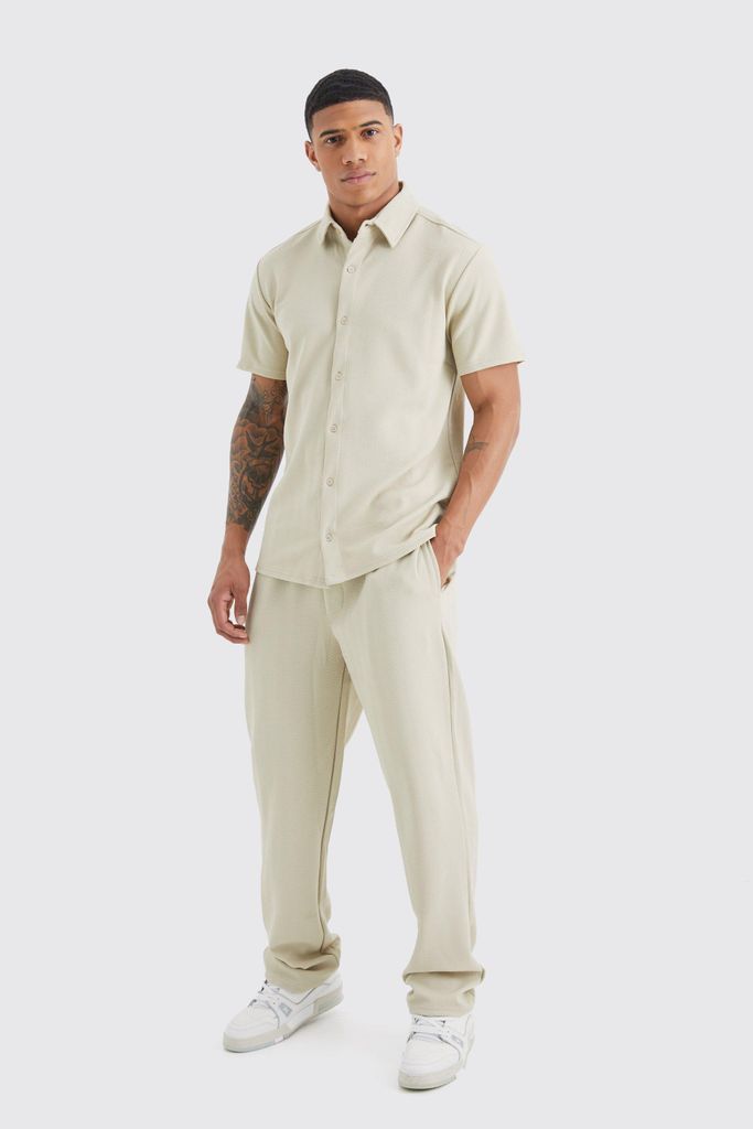 Men's Short Sleeve Jersey Herringbone Shirt And Trouser Set - Beige - S, Beige