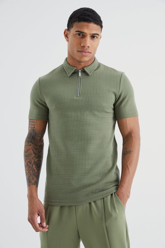 Men's Short Sleeve Muscle Cable Textured Polo - Green - S, Green