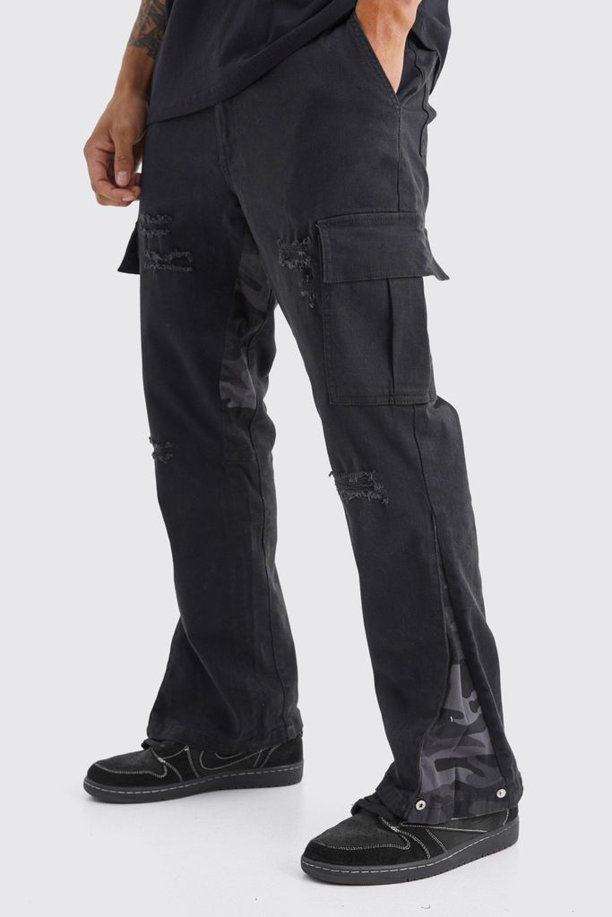 Men's Slim Stacked Flare Camo Gusset Rip And Repair Trouser - Black - 28, Black