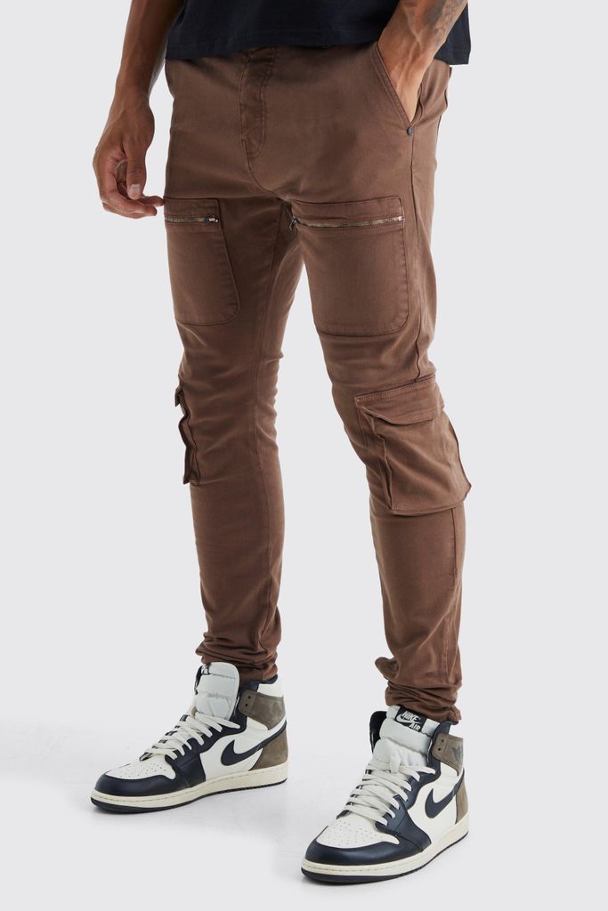 Men's Tall Fixed Waist Skinny Multi Zip Cargo Trouser - Brown - 30, Brown