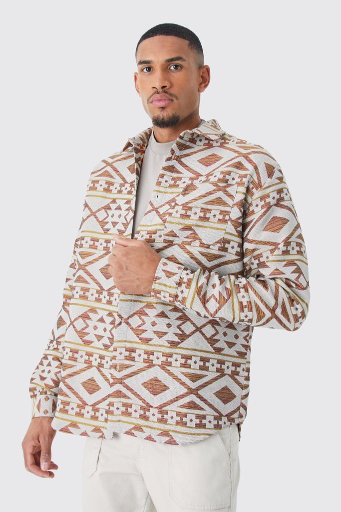 Men's Tall Longsleeve Aztec Jacquard Oversized Overshirt - Beige - S, Beige