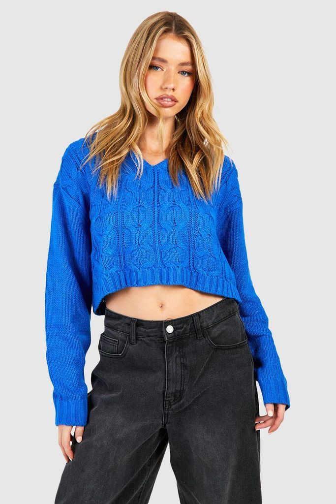 Womens Cable Knit Hooded Crop Jumper - Blue - S, Blue