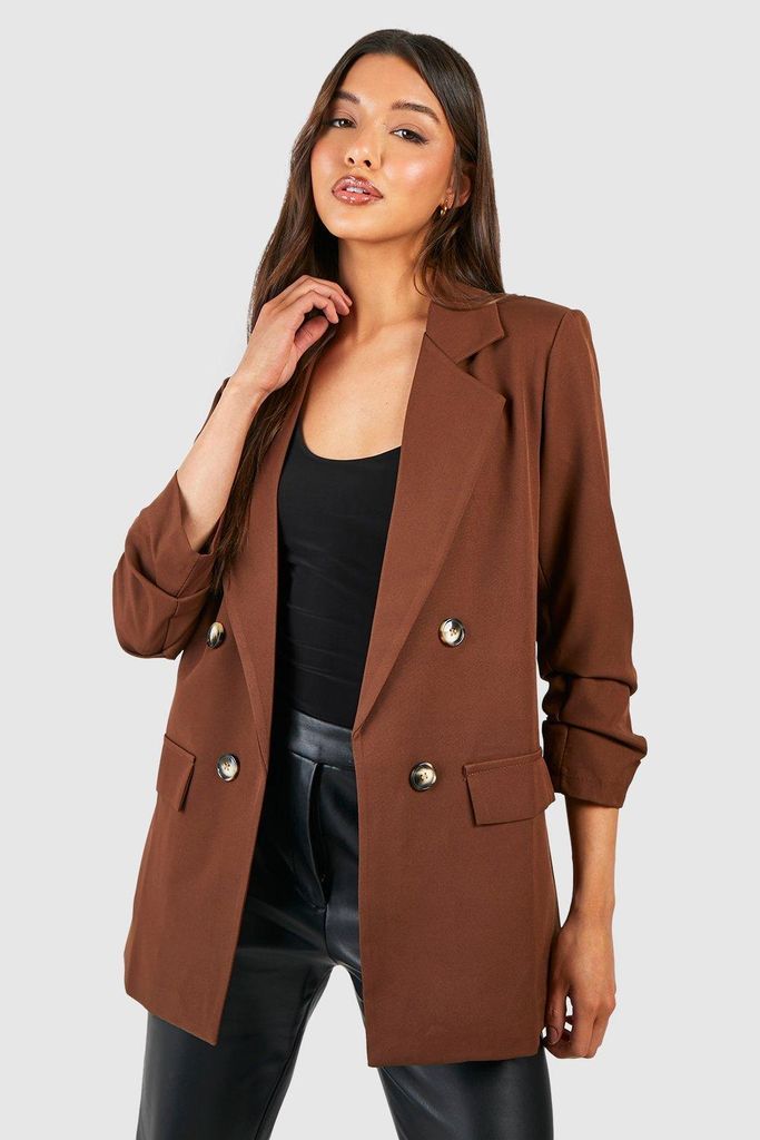 Womens Double Breasted Mock Horn Ruched Sleeve Blazer - Brown - 6, Brown