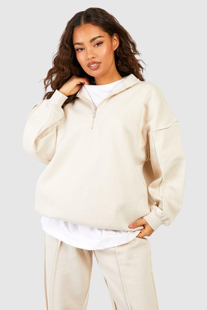 Womens Exposed Seam Oversized Half Zip Sweatshirt - Beige - S, Beige