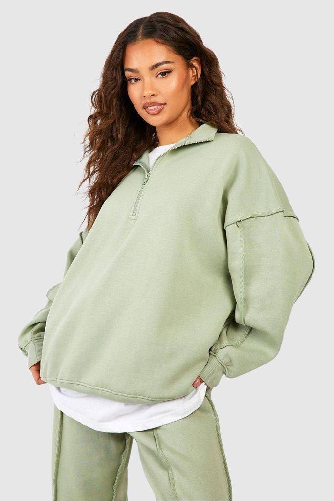Womens Exposed Seam Oversized Half Zip Sweatshirt - Green - S, Green