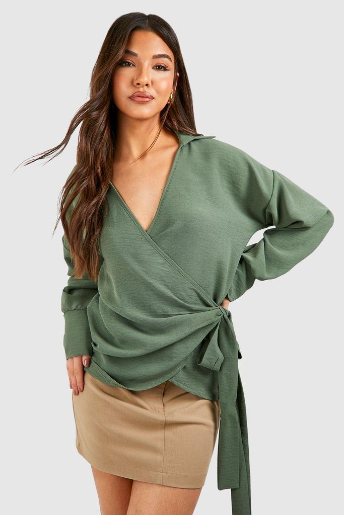 Womens Hammered Wrap Front Tie Side Shirt - Green - 6, Green