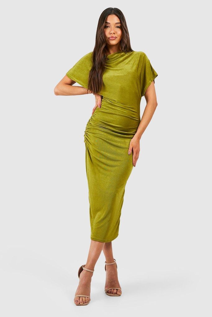 Womens High Neck Ruched Acetate Slinky Midaxi Dress - Green - 8, Green