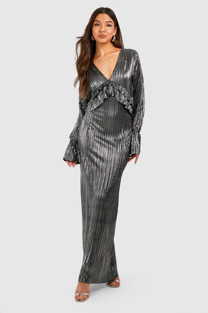 Womens Metallic Plisse Ruffle Maxi Dress - Grey - 8, Grey