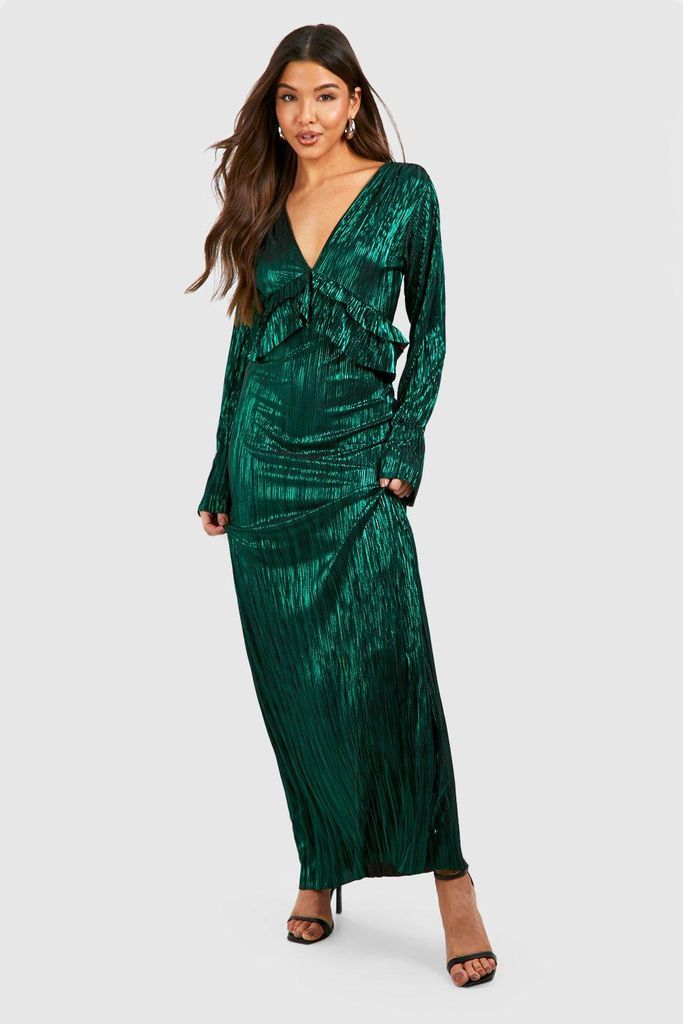 Womens Metallic Plisse Ruffle Maxi Dress - Green - 8, Green