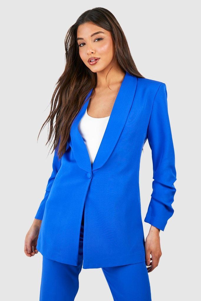 Womens Plunge Front Fitted Ruched Sleeve Blazer - Blue - 6, Blue