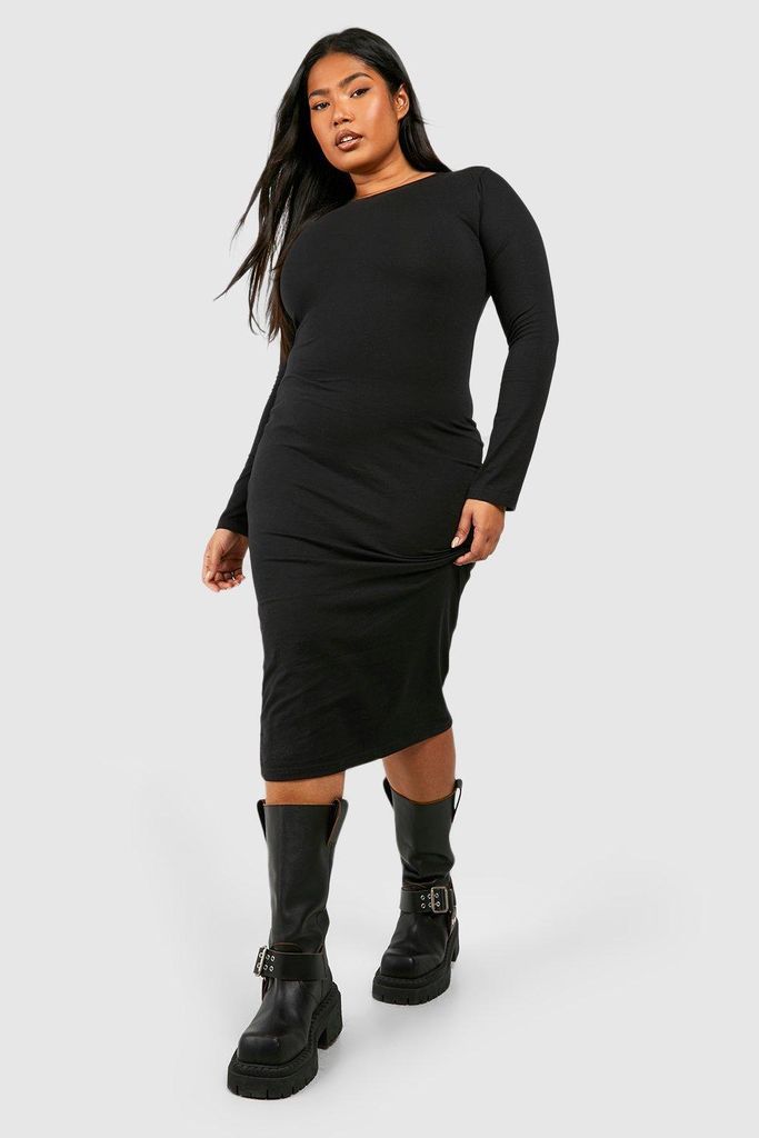 Womens Plus Basic Neck Cotton Midi Dress - Black - 16, Black