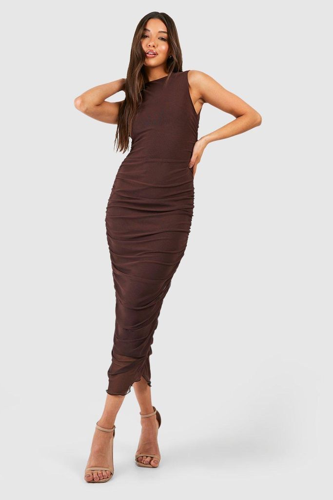 Womens Rouched Mesh Midaxi Dress - Brown - 8, Brown