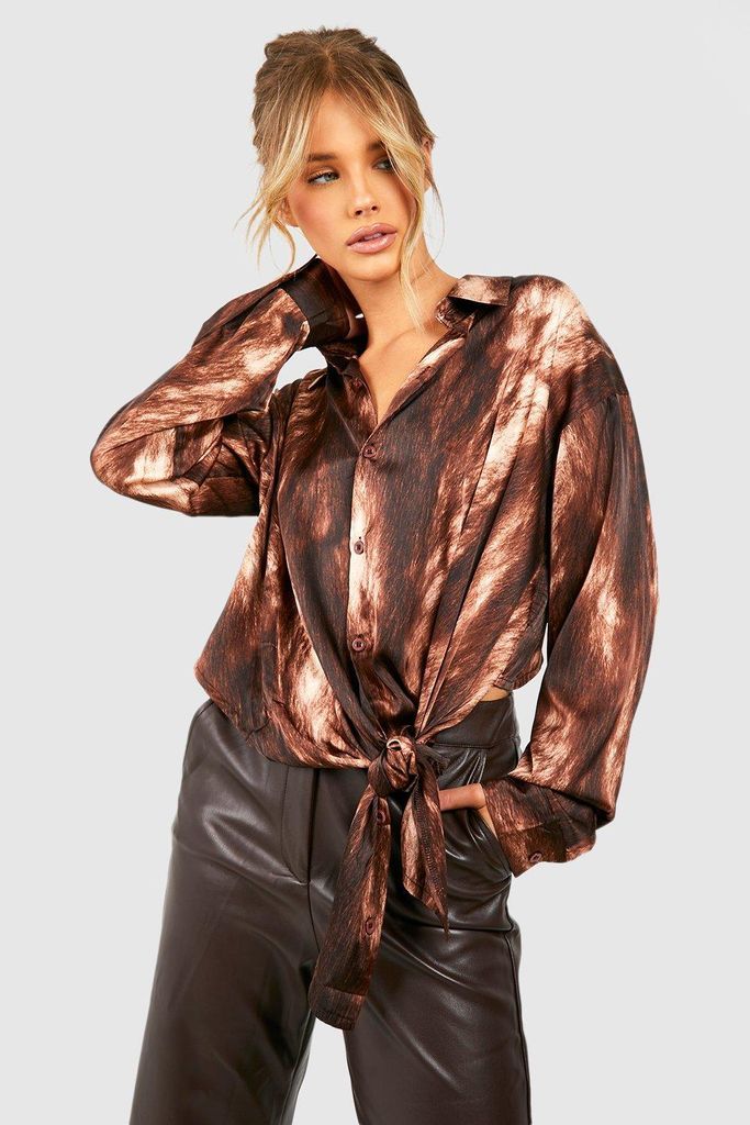 Womens Satin Abstract Tie Side Shirt - Brown - 6, Brown