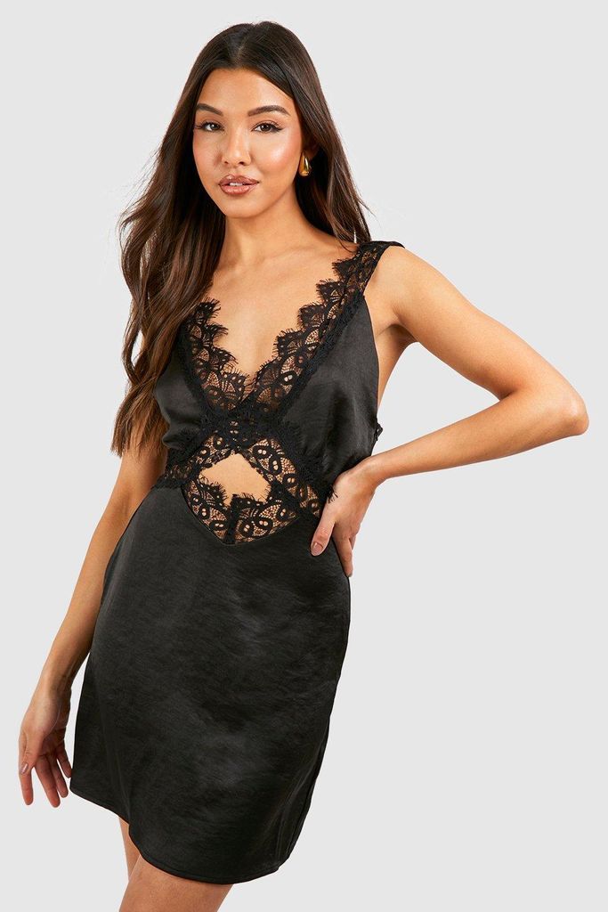 Womens Satin Lace Trim Mini Slip Dress - Black - 8, Black