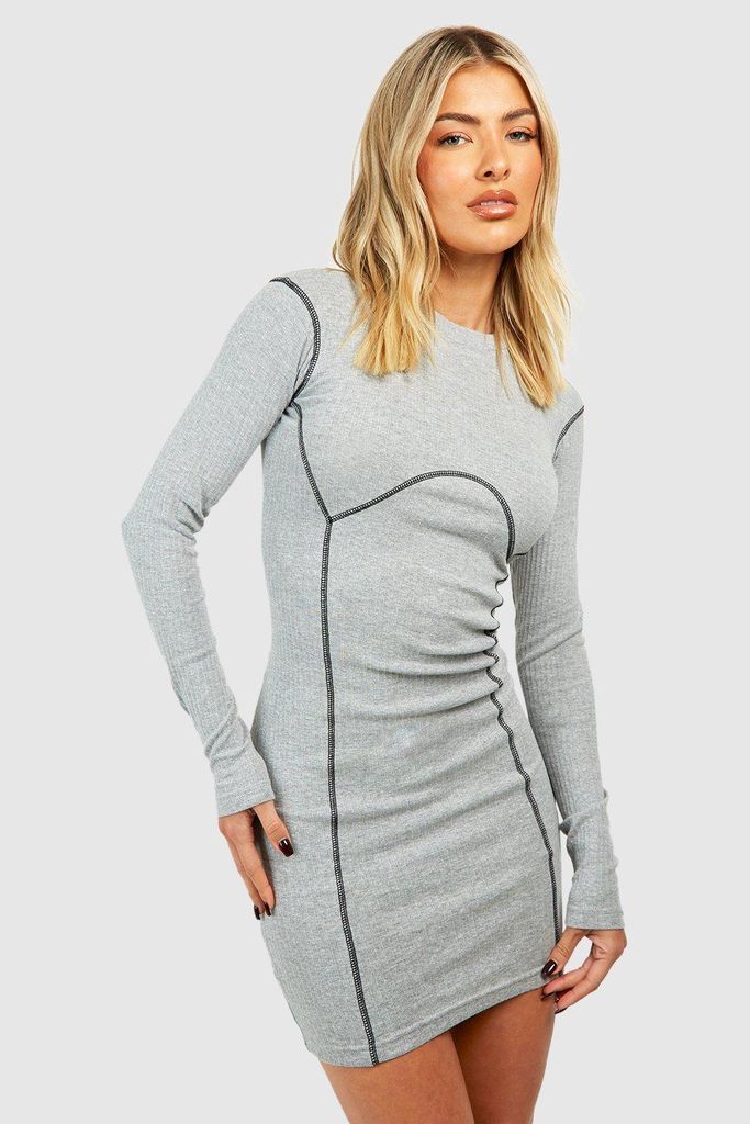 Womens Seam Detail Long Sleeve Bodycon Dress - Grey - 8, Grey