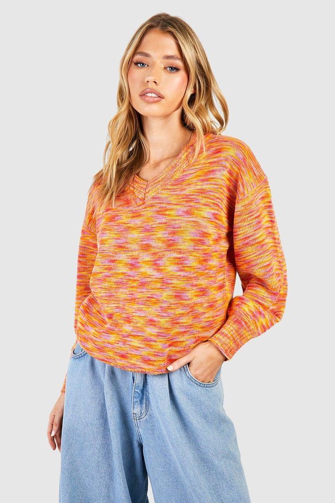 Womens Space Dye V Neck Knitted Jumper - Orange - S, Orange