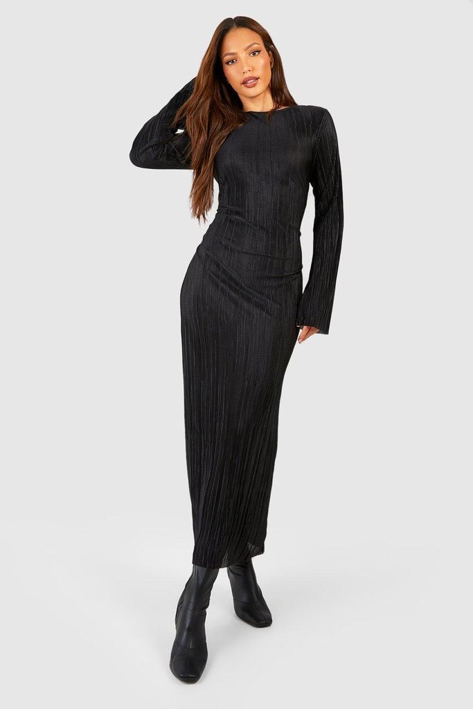 Womens Tall Plisse Column Flare Cuff Midaxi Shift Dress - Black - 6, Black