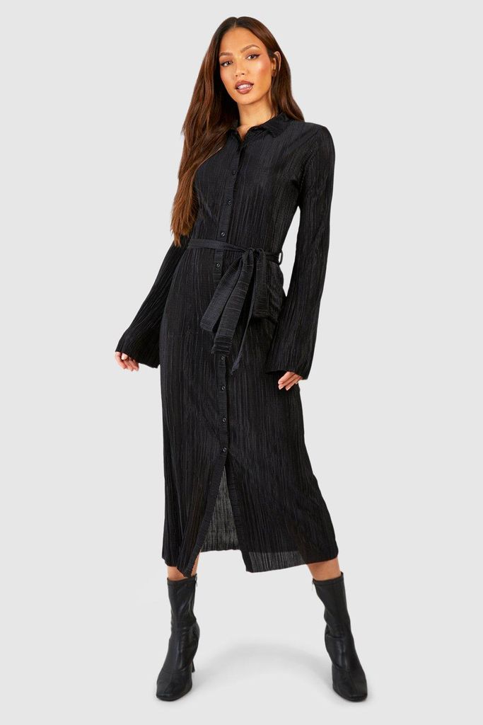 Womens Tall Plisse Belted Flare Sleeve Midi Shirt Dress - Black - 6, Black