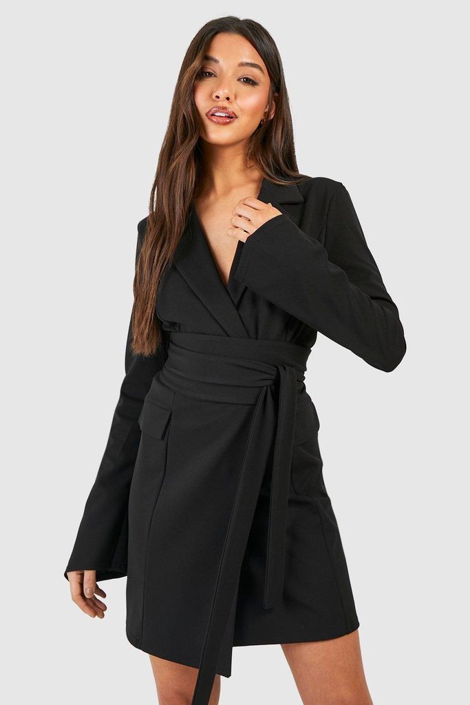 Womens Tie Waist Long Sleeve Blazer Dress - Black - 8, Black